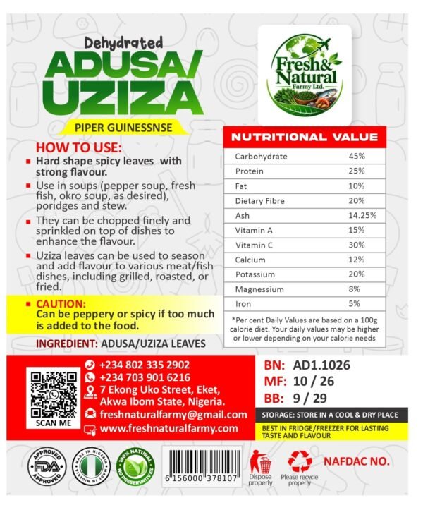 Dehydrated Adusa / Uziza Leaves – 20g