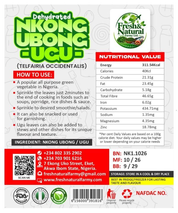 Dehydrated Nkong Ubong (Ugu / Fluted Pumpkin Leaves) – 20g
